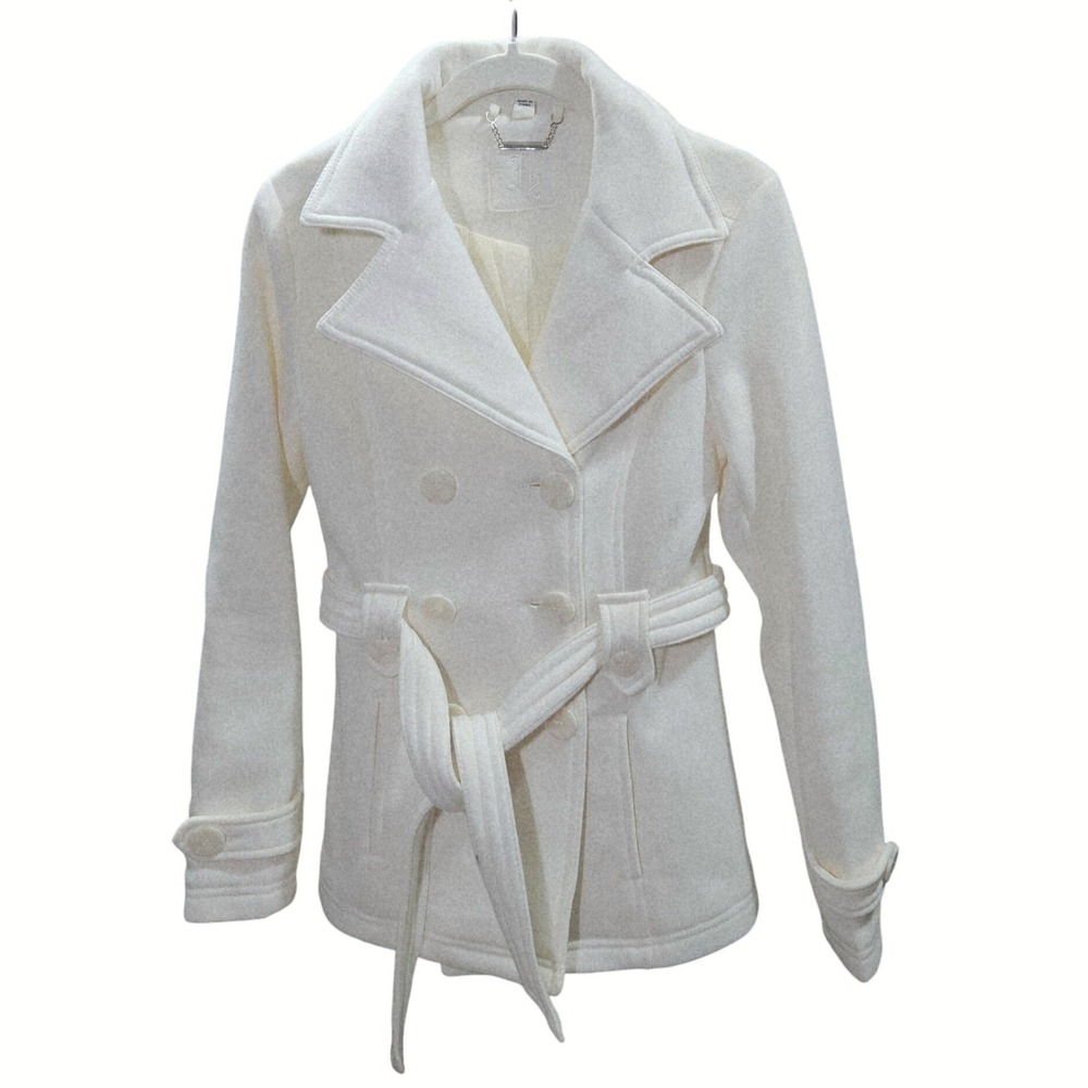 J2 Jou Jou‎ Double Breasted Peacoat Small Beige Cream Belted Pockets Coat Jacket